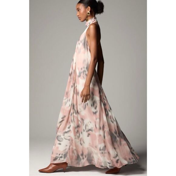NEW Anthropologie Maeve Watercolor Halter Sheer Maxi Dress Medium & X-Small